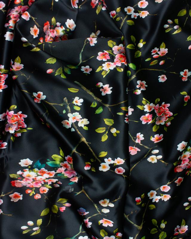 Satin with flowers print on backgroud Black - Tissushop